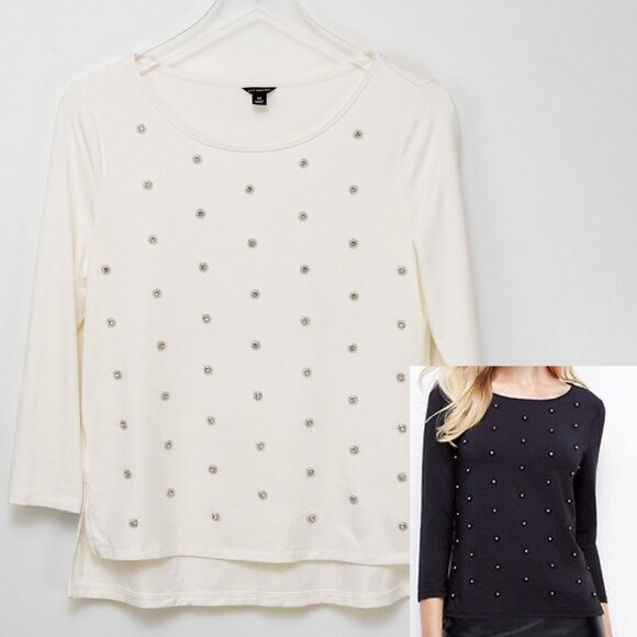 Ann Taylor Tops - Ann Taylor Beaded Crepe Top Crystal Embellished Blouse Cream Size XS